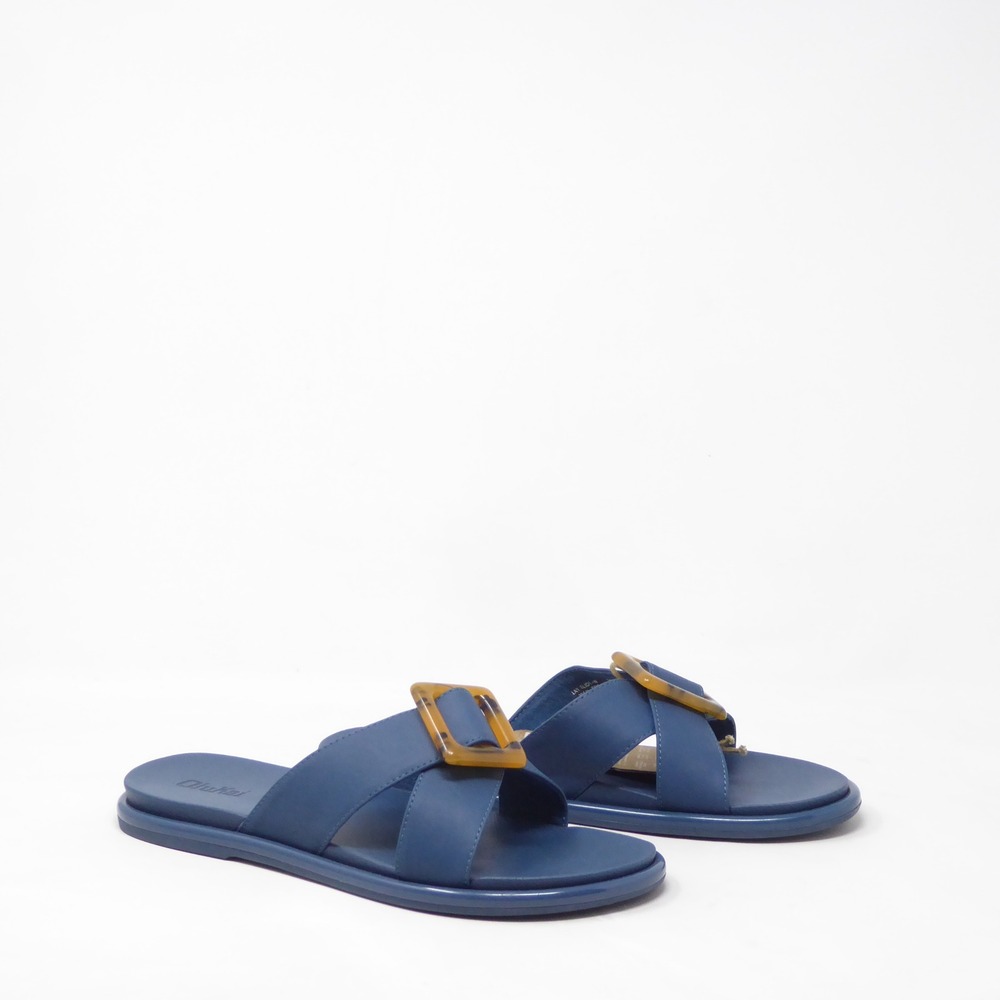 NEW OluKai Womens La'i Slide Sandals Lagoon Blue Tortoise Buckle Size 8